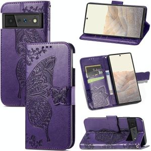 Voor Google Pixel 6 Butterfly Love Flowers Relif Horizontale Flip Leren Case met Houder & Card Slots & Wallet & Lanyard (Dark Purple)