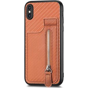 Voor iPhone X / XS Koolstofvezel Verticale Flip Rits Telefoon Case(Bruin)