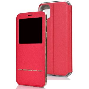 Voor iPhone 11 matte textuur horizontale Flip beugel mobiele telefoon holster venster met beller-ID en metalen knop dia te ontgrendelen (rood)