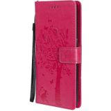 Voor OnePlus Nord N10 5G Tree & Cat Patroon Geperst Afdrukken Horizontale Flip PU Lederen Case met Houder & Kaart Slots & Portemonnee & Lanyard (Rose Red)