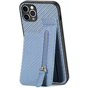 Voor iPhone 11 Pro Koolstofvezel Verticale Flip Rits Telefoon Case(Blauw)