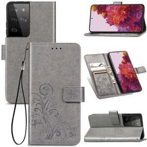 Vierbladige gesp relif gesp mobiele telefoon bescherming lederen case met Lanyard & Card Slot & Wallet & Bracket Functie Voor Samsung Galaxy S30 Ultra(Grijs)