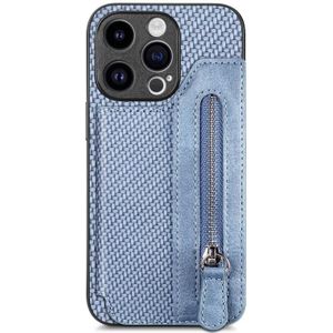 Voor iPhone 15 Pro Max Koolstofvezel Horizontale Flip Rits Portemonnee Telefoonhoesje (Blauw)