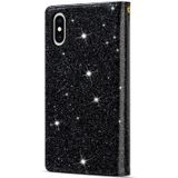 Voor iPhone X / XS Multi-card Slots Starry Sky Laser Carving Glitter Zipper Horizontale Flip Lederen Case met Holder & Wallet & Lanyard(Zwart)