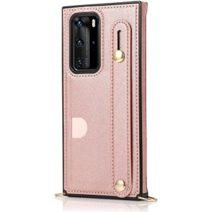 Voor Huawei P40 Pro Plus polsband PU+TPU Schokbestendige beschermhoes met Crossbody Lanyard & Holder & Card Slot (Rose Gold)