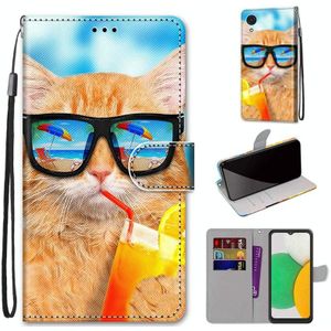 For Samsung Galaxy A03 Core Coloured Drawing Cross Texture Horizontal Flip Leather Phone Case with Holder & Card Slots & Wallet & Lanyard(Cat Drinking Soda)