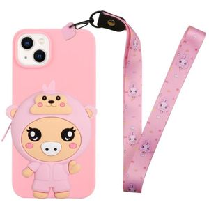 Voor iPhone 14 siliconen portemonnee telefoonhoesje met lanyard (dieproze varken)