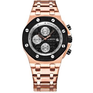 OCHSTIN 6100D multifunctioneel quartz waterdicht lichtgevend stalen band herenhorloge (zwart + rosgoud)