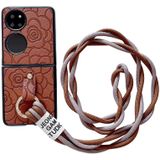 Voor Huawei P50 Pocket Impression Camellia Patroon Beschermende Telefoonhoes met Diamanten Ring Lange Lanyard (Bruin)