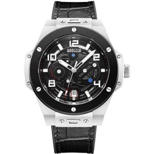 Baogela 2001 lichtgevende kalender lederen band mechanisch horloge voor mannen (zwart zilver)