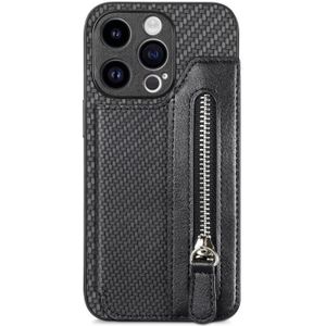 Voor iPhone 15 Pro Max Koolstofvezel Horizontale Flip Rits Portemonnee Telefoonhoesje (Zwart)