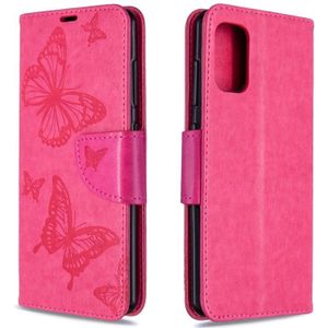 Voor Galaxy A41 Two Butterflies Embossing Pattern Horizontal Flip Leather Case met Holder & Card Slot & Wallet & Lanyard(Rose Red)