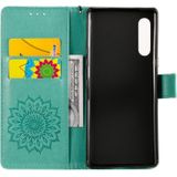 Voor LG G9 Geperst afdrukken Zonnebloempatroon Horizontaal Flip PU Lederen Kast Houder & Kaartslots & Wallet & Lanyard(Groen)