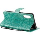 Voor LG G9 Geperst afdrukken Zonnebloempatroon Horizontaal Flip PU Lederen Kast Houder & Kaartslots & Wallet & Lanyard(Groen)