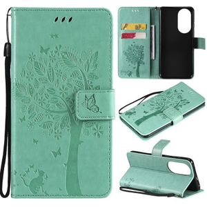 For Huawei P50 Tree & Cat Pattern Pressed Printing Horizontal Flip PU Leather Case with Holder & Card Slots & Wallet & Lanyard(Green)