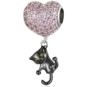 S925 Sterling zilveren hart ballon kleine zwarte kat hanger diy armband ketting accessoires