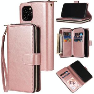 Voor iPhone 12 / 12 Pro Rits portemonnee tas horizontale flip pu lederen koffer met houder & 9 kaartslots & portemonnee & lanyard & fotolijst (RosGoud)
