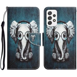 Voor Samsung Galaxy A23 gekleurde tekening lederen telefoonhoes (oortelefoon olifant)