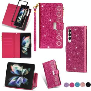 Voor Samsung Galaxy Z Fold 4 Multi-kaartsleuven Laser Carving Glitter Zipper Leather Case (Rose Red)