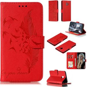 Feather patroon Litchi textuur horizontale Flip lederen draagtas met portemonnee & houder & kaartsleuven voor Galaxy J4 (2018) (rood)