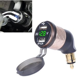 Duitse EU Plug Special Motorcycle Elbow Charger Dual USB Voltmeter 4.2A Charger  Shell Color:Gold (Groen licht)