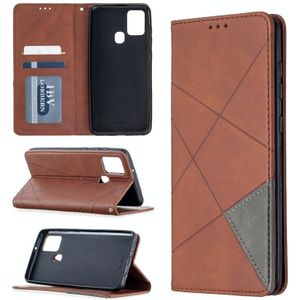 Voor Samsung Galaxy A21s Rhombus Textuur Horizontale Flip Magnetic Leather Case met Holder & Card Slots(Bruin)