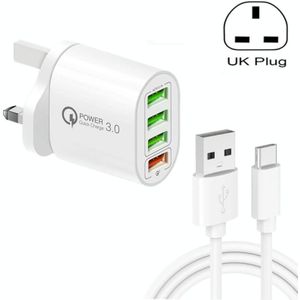 QC-04 QC3.0 + 3 x USB2.0 Multi-poorten oplader met 3A USB naar Type-C-gegevenskabel  Britse plug