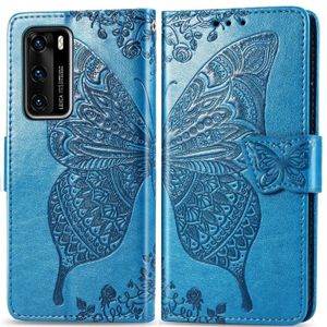 Voor Huawei P40 Butterfly Love Flower Embossed Horizontale Flip Lederen Case met bracket / card slot / Wallet / Lanyard(Blauw)