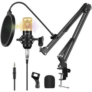 PULUZ condensator microfoon studio uitzending professionele zingen microfoon kits met ophanging schaar arm metalen schok mount & USB-geluidskaart (goud)