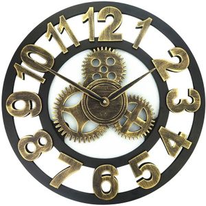 Retro houten ronde ' Single-sided Gear Clock Wandklok nummer  Diameter: 58cm (goud)