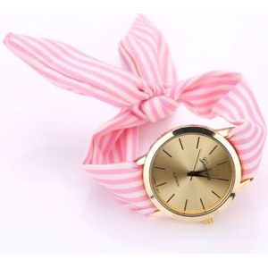Vrouwen mode gestreepte stof riem quartz horloge (roze)