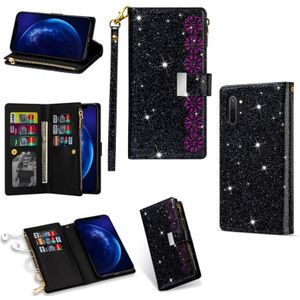 Voor Samsung Galaxy Note10 Multi-card Slots Starry Sky Laser Carving Glitter Zipper Horizontale Flip Lederen Case met Holder & Wallet & Lanyard(Zwart)