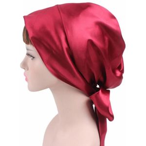 2 PCS TJM-226 Dames Satin Print Lint Bow Turban Hat Night Cap Silk Chemotherapy Hat Long Tail Braid Hat (Rode wijn)