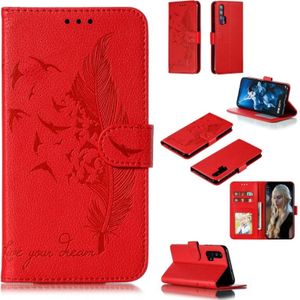 Feather patroon Litchi textuur horizontale Flip lederen draagtas met portemonnee & houder & kaartsleuven voor Huawei Honor 20 Pro (rood)