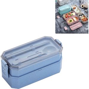 Dubbellaagse lunchbox plastic magnetron student lunchbox bestek set (Blauw)