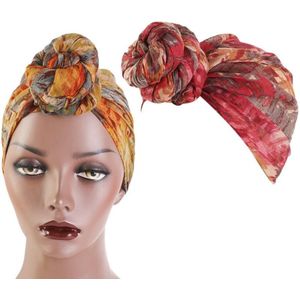 3 PCS Tie-Dye Ball Turban Hoed etnische stijl geknoopt Hoed Dames Sjaal Wrap Head Hat (Wijn Rood)