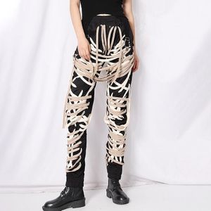 Casual Black Leggings Fashion Strap Zakken Multi-layer Niche Design Broek (Kleur: Black Size:XXL)