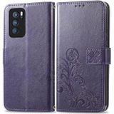 For OPPO Reno6 Pro Four-leaf Clasp Embossed Buckle Mobile Phone Protection Leather Case with Lanyard & Card Slot & Wallet & Bracket Function(Purple)