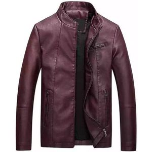 Mannen Slim-fit Washed PU Leather Jacket (Kleur:Rood Formaat:XXXL)