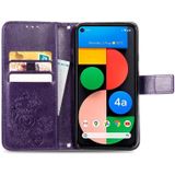 Voor Google Pixel 5A vierbladige sluiting relif gesp mobiele telefoon bescherming lederen hoesje met Lanyard & Kaart Slot & Portemonnee & Bracket Functie (Paars)