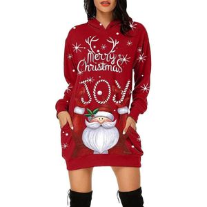 Vrouwen Kerst Santa Claus Print Lange Mouw Sweatshirt Jurk (Kleur: Rood Grootte: S)
