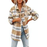 Revers lange mouwen flanel check shirt losse casual vest jack voor dames (kleur: Khaki Size: S)