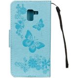 Voor Galaxy A8 PLUS (2018) Vintage relif bloemen vlinder patroon horizontale Flip lederen draagtas met kaartslot & houder & portemonnee & Lanyard(Blue)