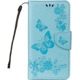 Voor Galaxy A8 PLUS (2018) Vintage relif bloemen vlinder patroon horizontale Flip lederen draagtas met kaartslot & houder & portemonnee & Lanyard(Blue)