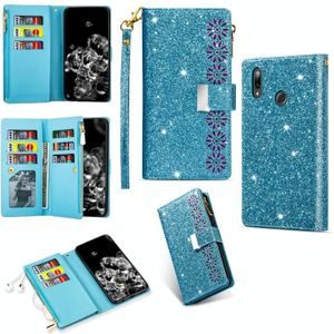 Voor Samsung Galaxy A40 Multi-card Slots Starry Sky Laser Carving Glitter Zipper Horizontale Flip Lederen Case met Holder & Wallet & Lanyard(Sky Blue)