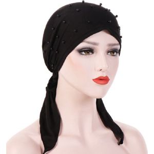 Vrouwen Pure Color Beaded Stretch Turban Hat Wrap Hat  Grootte: M(56-58cm)(Zwart)