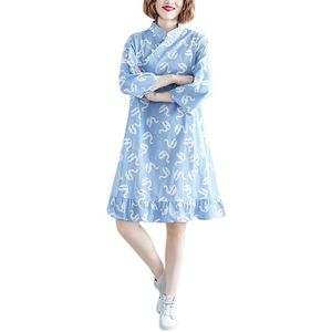 Chinese stijl verbeterde Cheongsam literaire retro los en dunne mid-length jurk (kleur: blauwe maat: M)