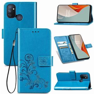 Voor One Plus Nord N100 Vierbladige gesp relif gesp mobiele telefoon bescherming lederen case met Lanyard & Card Slot & Wallet & Bracket Functie(Blauw)