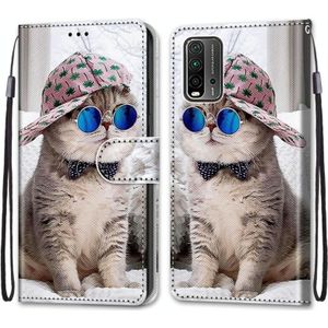 Voor Xiaomi Redmi 9 Power / Note 9 4G Gekleurde Tekening Kruis Textuur Horizontale Flip PU Lederen Case met Houder & Kaart Slots & Portemonnee & Lanyard (Schuine Hoed Blauwe Spiegel Kat)