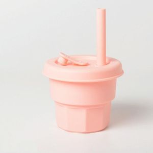 Kinderen siliconen stro cups drop en hoge temperatuur resistente water cups roze (300ml)